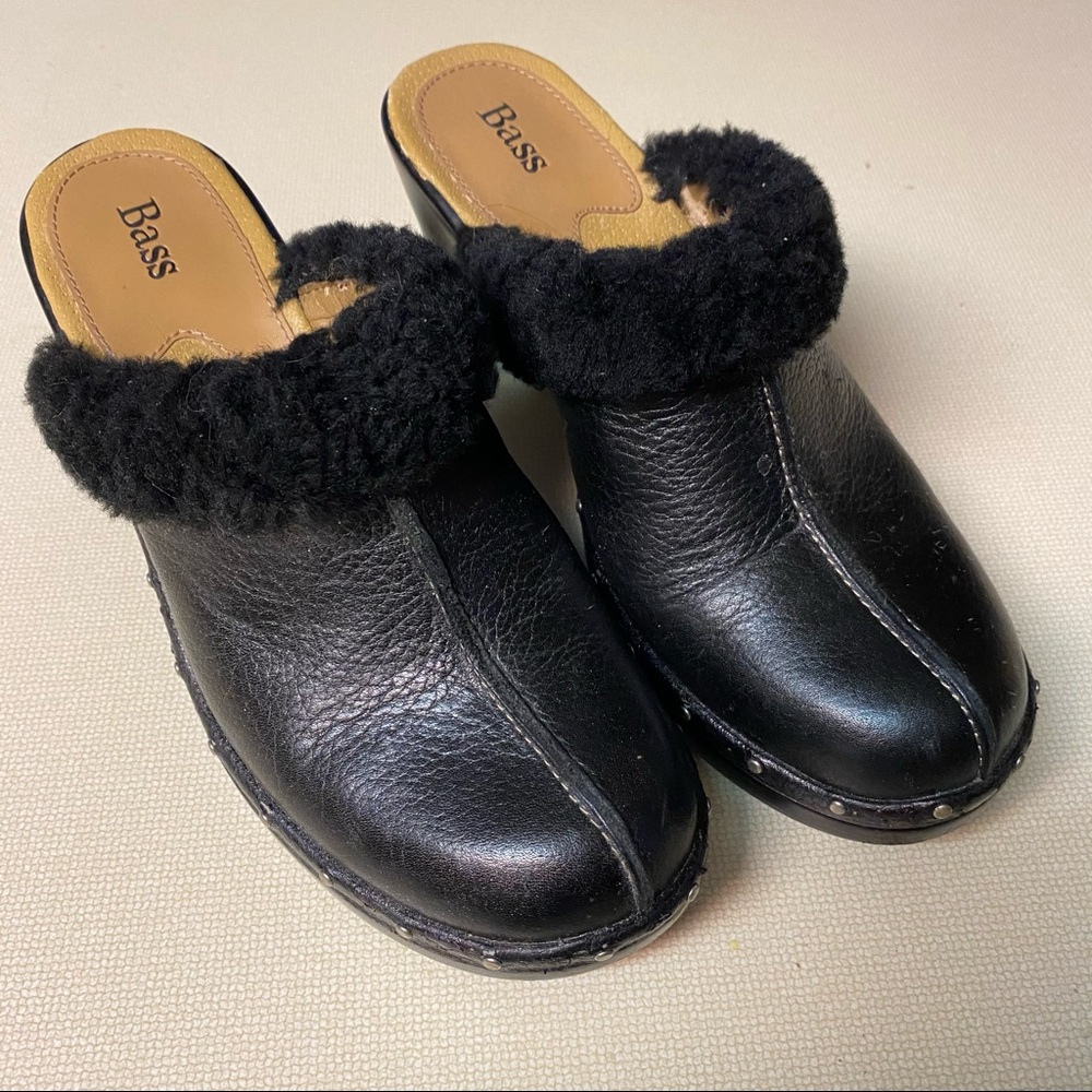 Bass Fawn Black Clog Shoes 7.5 M Leather Faux Fur